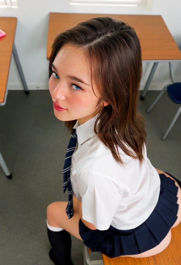 (sort hair:1.9),1girl,solo,arched back,leaning on a desk,showing panties,ass up,view on butt,school uniform,skirt,whi…