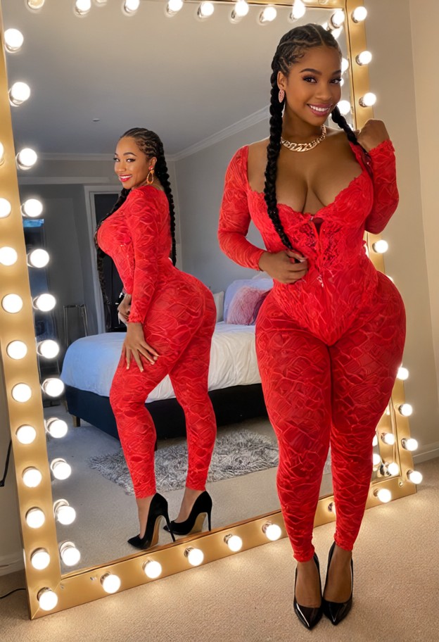 she is standing in front of mirror posing,scarlet red lace bodysuit,black high-heeled stilettos,bedroom,large mirror,…
