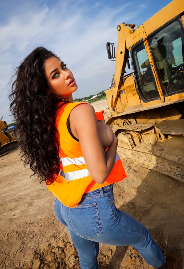 she is is running away from bulldozer while pulling up her blue denim pants,open orange construction vest,blue denim …