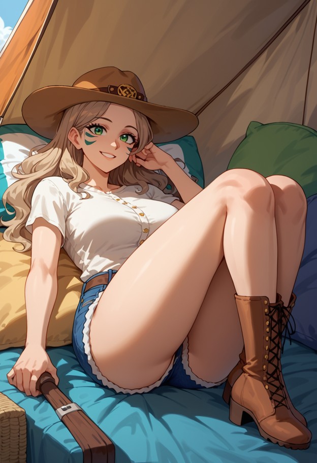 western outfit,hat,boots,denim shorts,rustic accessories,sun-kissed makeup,happy,smiling,cheerful expression,bright e…