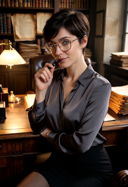 Location: late afternoon in a cozy university office filled with tall bookshelves, stacks of parchment, and the warm,…