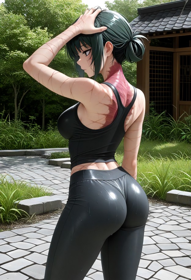 maki is pulling her soaked black top over her head,soaked black training top,dark grey athletic leggings,private outd…