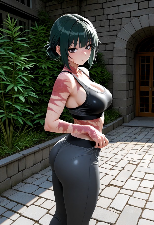 maki stands rigid and frozen in a courtyard,pulling black training bra up,boobs,front view,soaked black cotton traini…