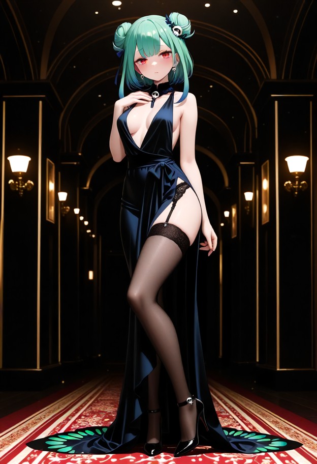 she is wearing evening dress,slit dress,garter belt,stockings,stiletto heels,luxury ballroom,full body,cinematic ligh…