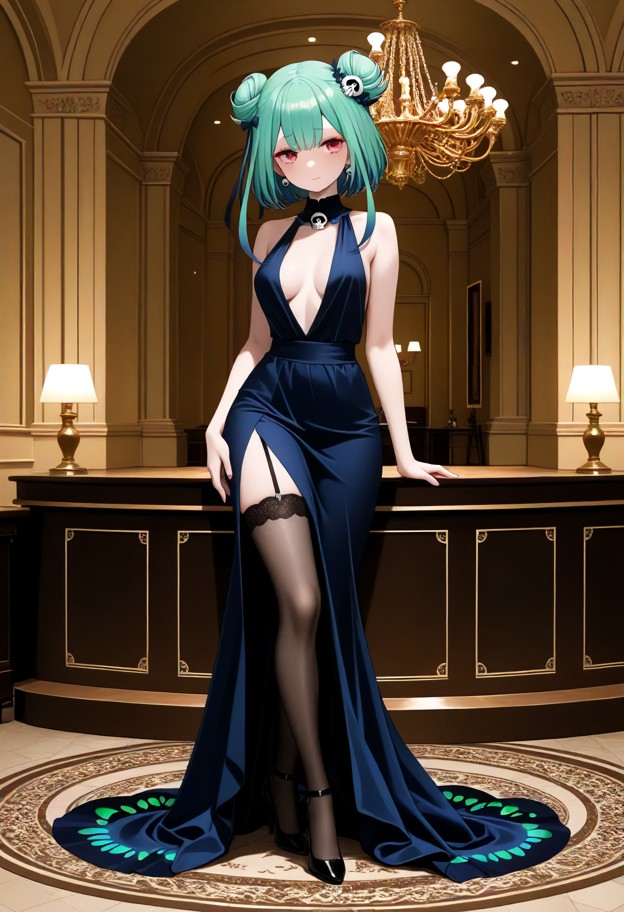 a she is standing in a ballroom,wearing evening dress,slit dress,stockings,stiletto heels,ballroom,wide shot,soft lig…