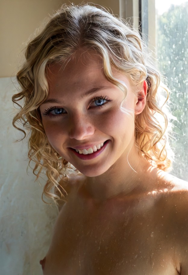 1 girl,solo,boobs grab,boob massage,naked,fully naked,happy,smiling,cheerful expression,bright eyes,eye-level shot,na…