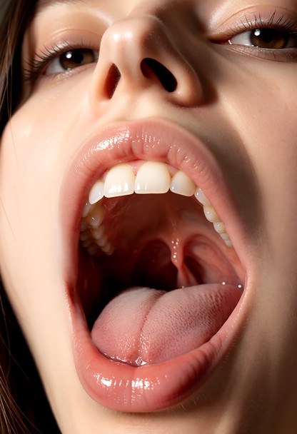 T5 Prompt: The image is an extreme macro shot of the inside of a woman's mouth, focusing entirely on the intricate, i…