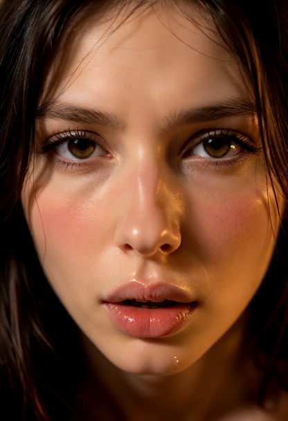 T5 Prompt: The image is an extreme macro shot of a woman's face, capturing every intimate detail of her expression an…