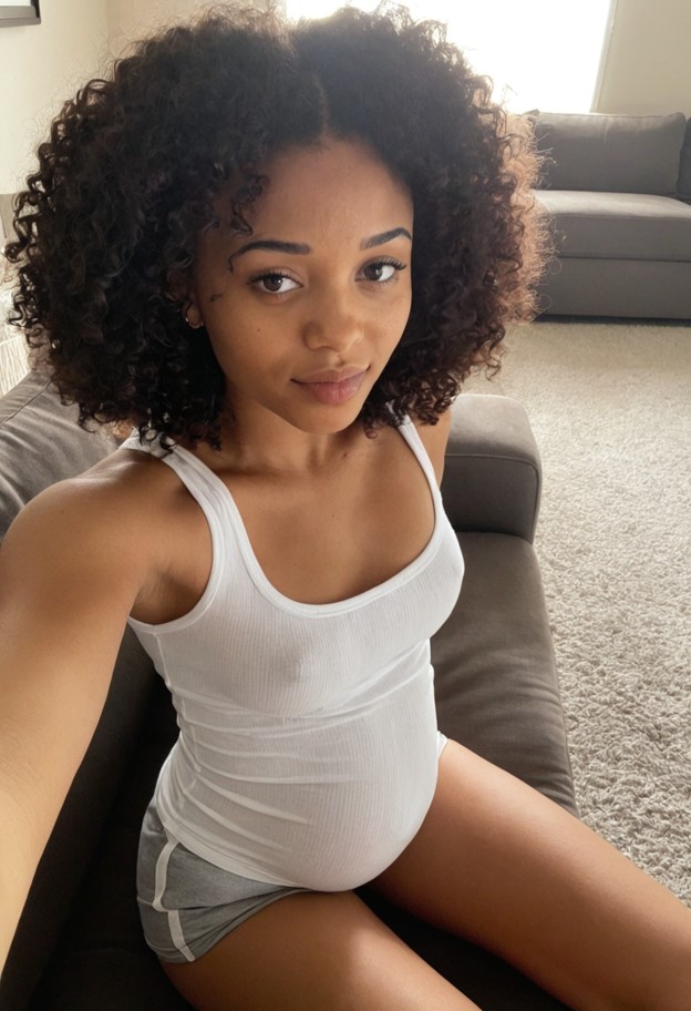 she is is sitting on a couch with a frowning face,white tank top,grey cotton shorts,living room,wooden coffee table,s…