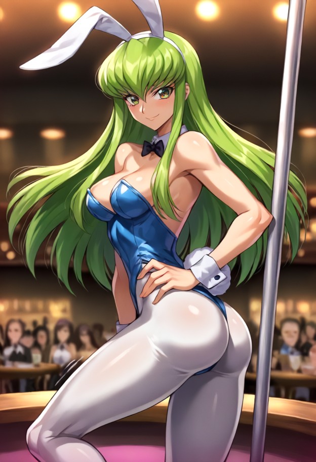 bunny_outfit,bunny_girl,bunny_ears,bunny_costume,1girl,strip club,hands on stripper pole,shaking hips (dancing),happy…