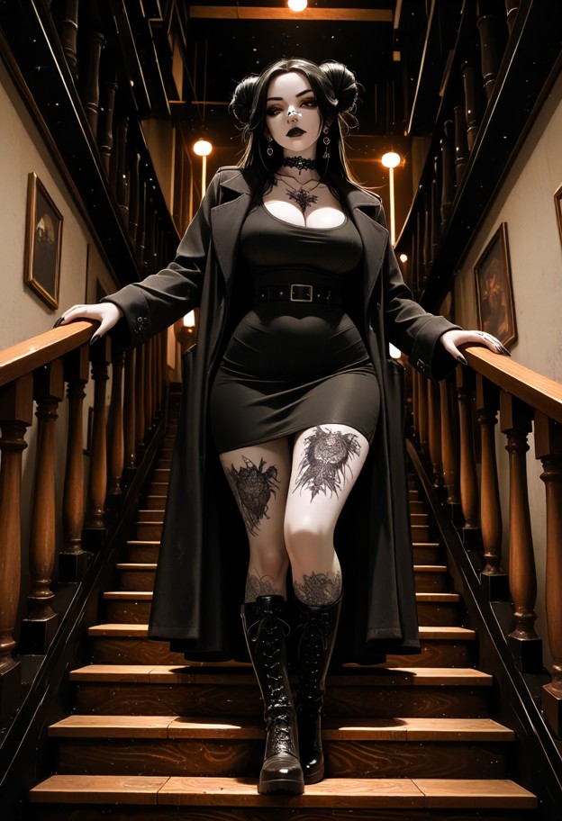 iris is descending the wooden staircase,dark navy wool coat,black silk dress,leather boots,narrow dimly lit basement …