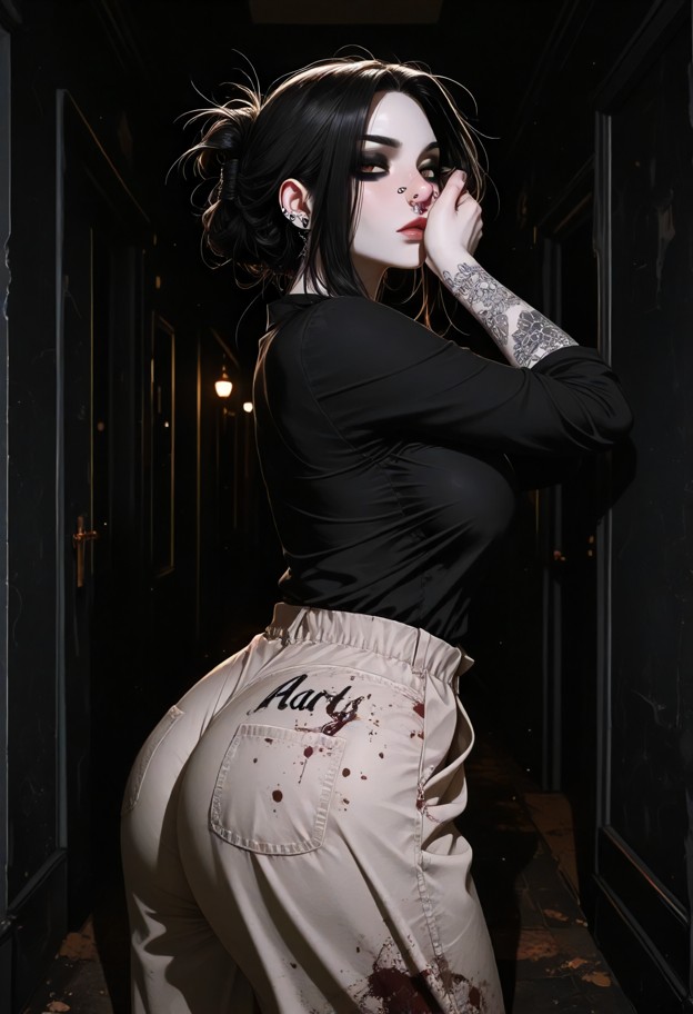 iris wiping her face in a dark hallway,dark cotton shirt,dark cotton trousers,dirt on clothes,quiet hallway,dim light…