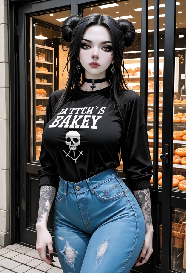 she is is walking on the sidewalk,blue denim jeans,button-up shirt,black choker,sidewalk,bakery,glass door,stone pave…