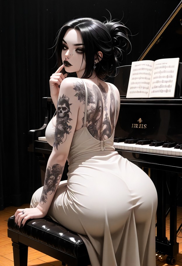 iris sits on the piano bench with her fingers resting on the keys,pale linen dress,old music room,dust-covered piano,…
