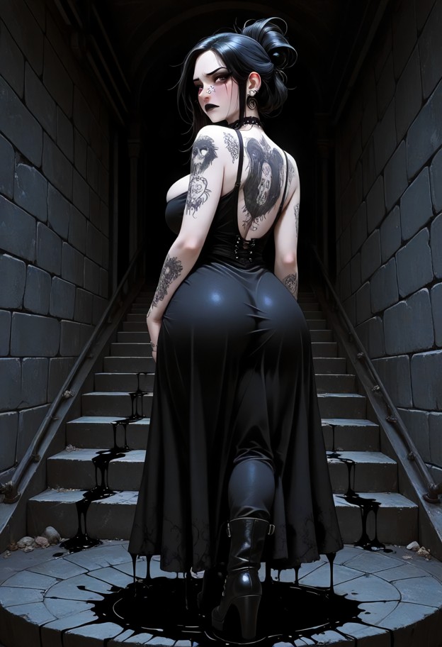 iris is looking back over her shoulder with tears on her cheeks,dark linen dress,leather boots,dark pitch-black cella…