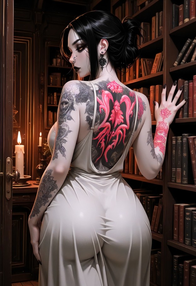 she is reaches back to grab hand,pale linen dress,torn clothes,cozy library,bookshelves,candlelight,glowing pink vein…