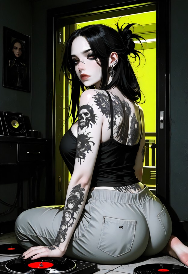 iris collapses on the floor in agony,black ink spreading on her shoulders and neck,black silk camisole,grey cotton lo…