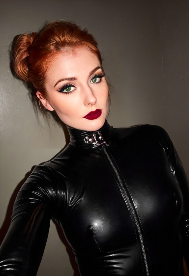 she is is holding a leather strap and chin of a man,black latex bodysuit,black latex gloves,dimly lit room,shadows on…