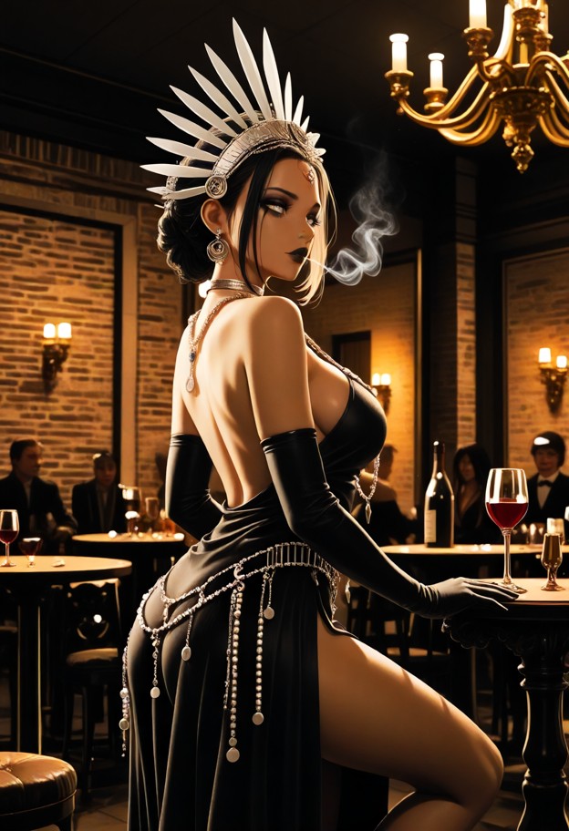 a sepia-toned cinematic scene set in a 1920s prohibition-era speakeasy in the catskill mountains. a glamorous flapper…