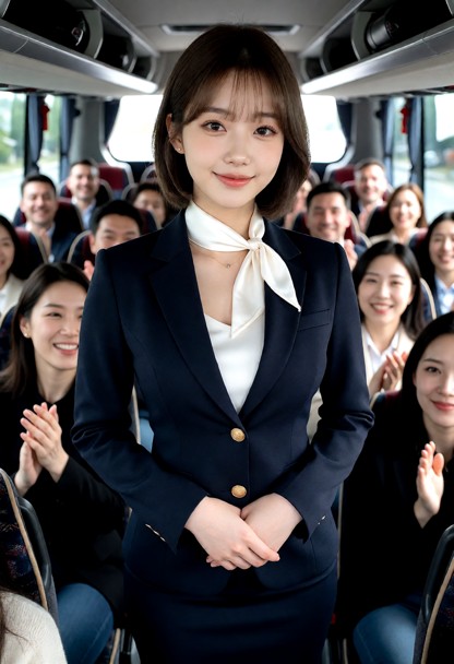 average height, slim figure, slim waist, wide hips, big breasts, standing at the front of a tour bus facing the passe…