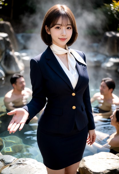 average height, slim figure, slim waist, wide hips, huge breasts, standing near a hot spring, addressing a small grou…