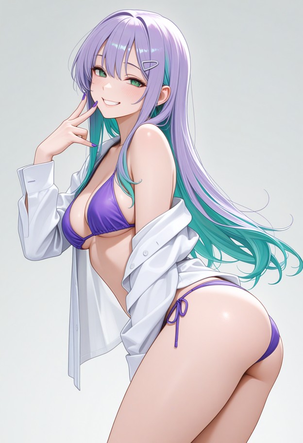 he has long hair,playful,teasing smile. small metallic hair clip catching light. she wears a bikini and a loose open …