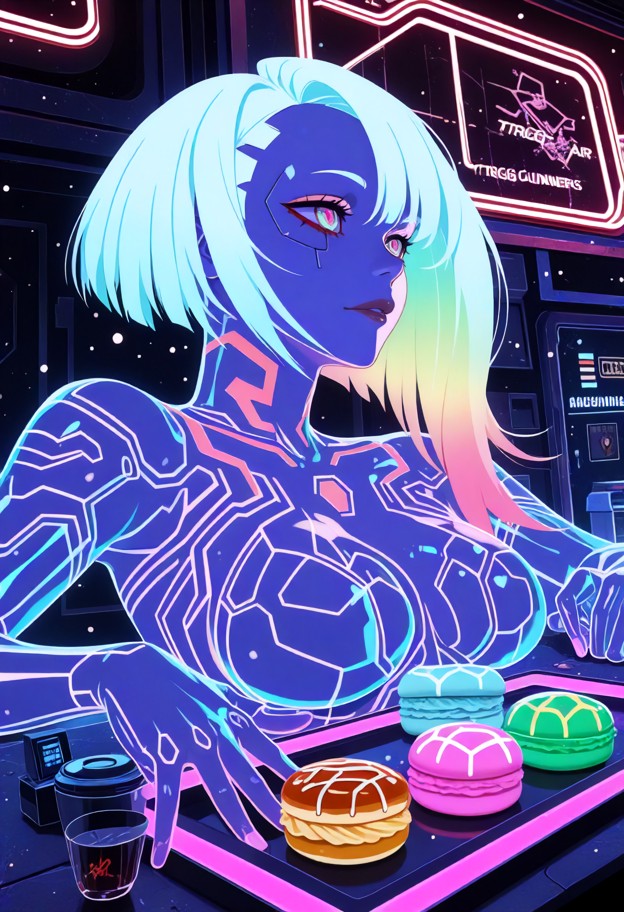 1girl,solo,lying flat on her back on a large dark banquet table,inside a neon-lit exotic asian cafe,((her body serves…