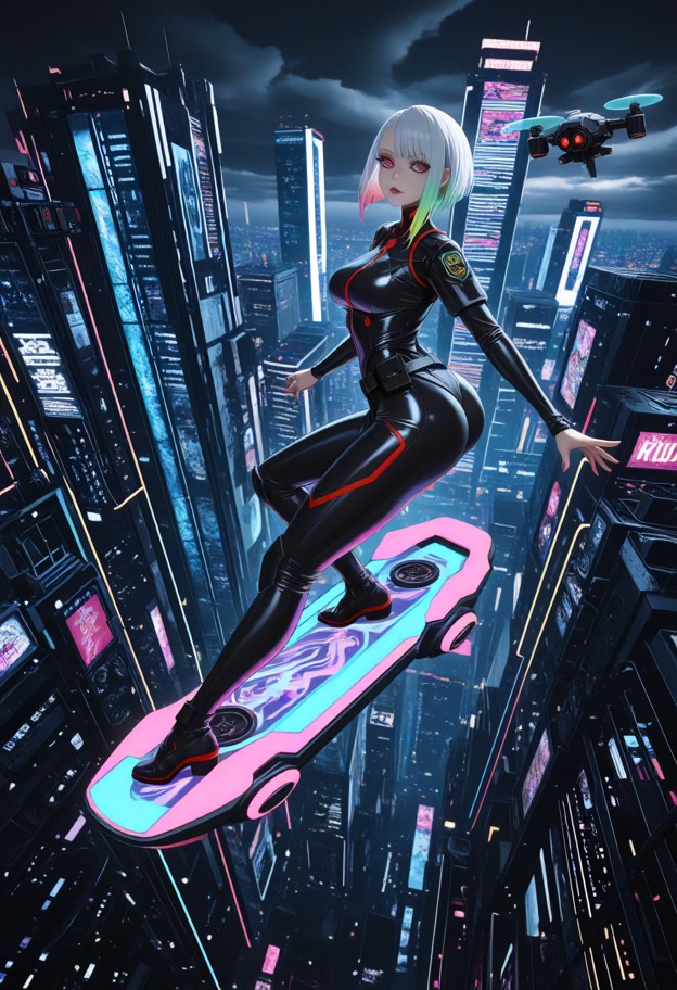 (high-altitude action shot:1.4),cyberpunk rider soaring,(flying on pink mechanical hoverboard:1.4),completely airborn…