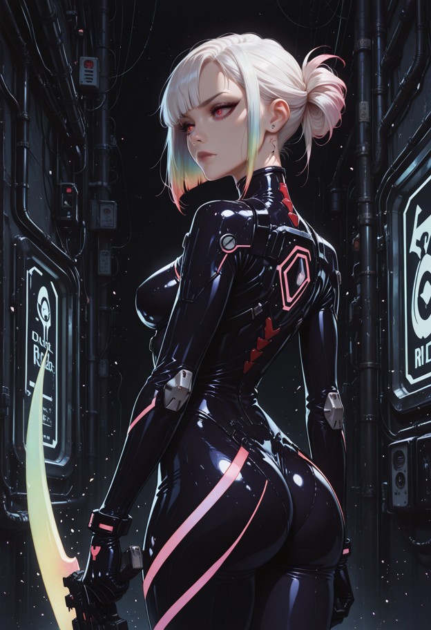 cyberpunk anime style,edgy aesthetic,shot from behind. a woman with a shaved-side hairstyle and neon-tinted hair. she…