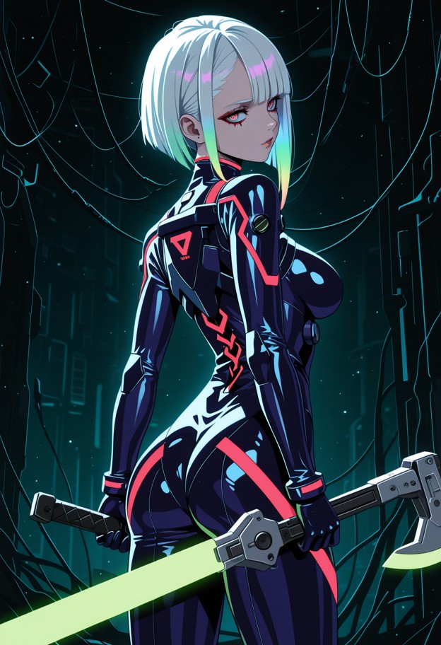 cyberpunk anime style,edgy aesthetic,shot from behind. a woman with a shaved-side hairstyle and neon-tinted hair. she…