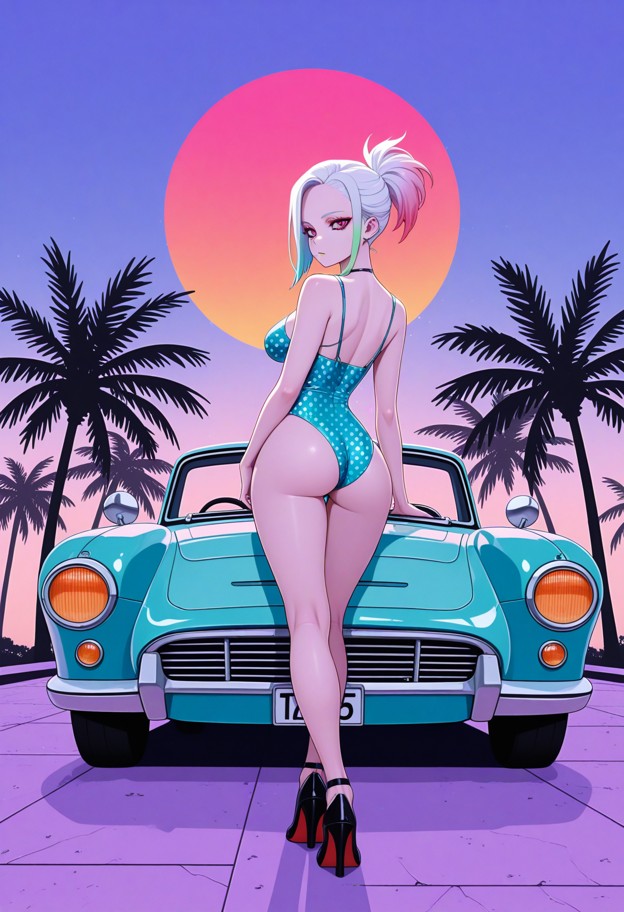wide-angle
full body shot,1950s vintage pin-up calendar illustration. a stunning
woman in a high-waisted polka dot …