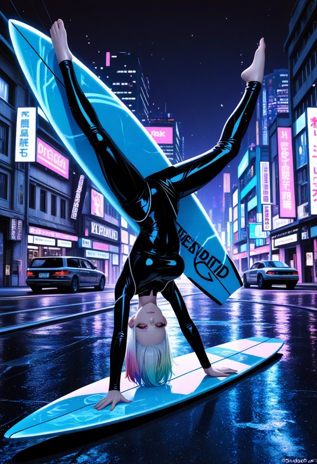 (wide action shot:1.4),person standing upright,(riding a floating futuristic surfboard:1.5),surf-style deck,(levitati…