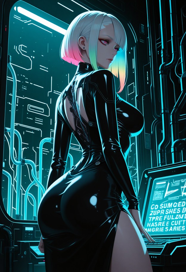 cinematic wide shot from behind a female organist in an elegant dark tech-wear dress. asymmetric composition: to her …