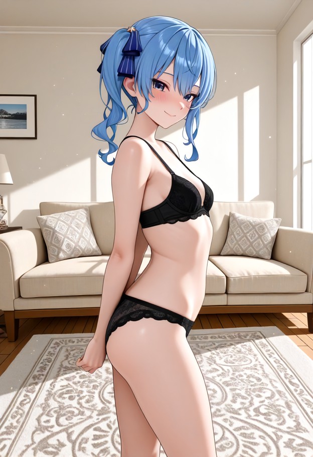 1girl,solo,standing,arms by her side,dancing pose,blushing,smile,black underwear,simple bra,simple panties,waist-up s…