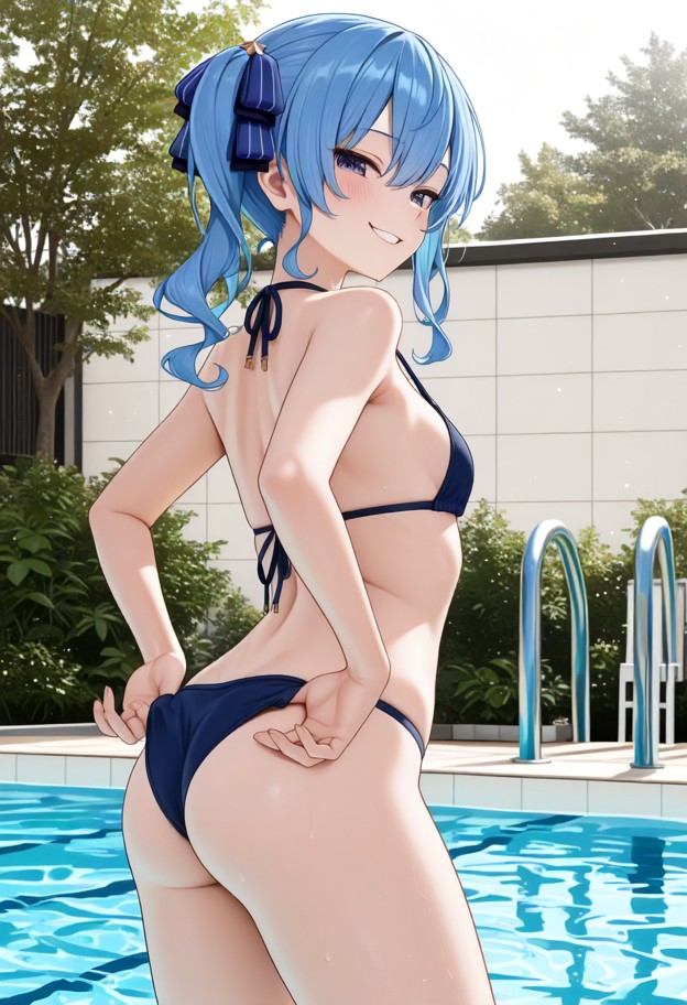 1girl,solo,standing,back to camera,looking back at camera,smug grin,blushing,adjusting bikini,blue bikini,outside,swi…