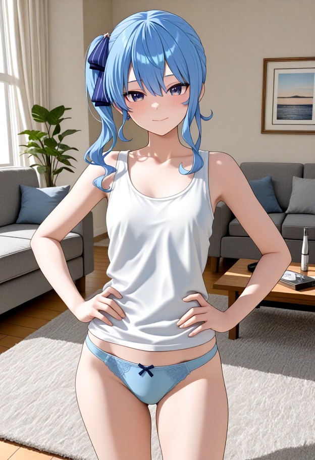 1girl,solo,standing,facing_viewer,white_tank_top,hands_on_own_hips,blue panties,light_smile,blush,front view,full-bod…