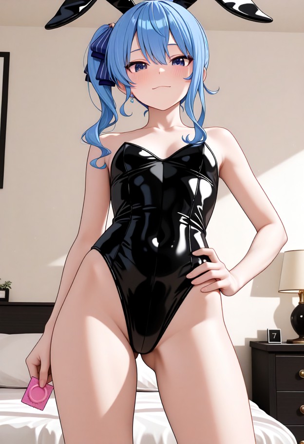 1girl,solo,standing,facing_viewer,hand_on_own_hip,holding_condom,playboy_bunny,tongue_out,blush,front view,full-body …