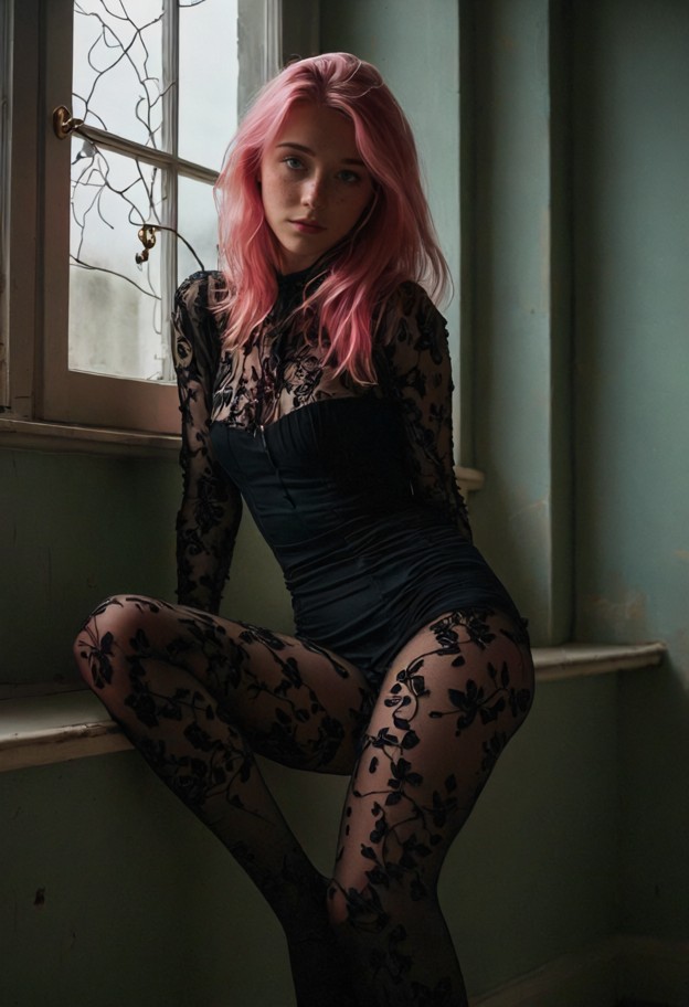 “a cinematic shot of a woman in a dark,decaying ballroom. she wears a black victorian-inspired outfit and sheer patte…