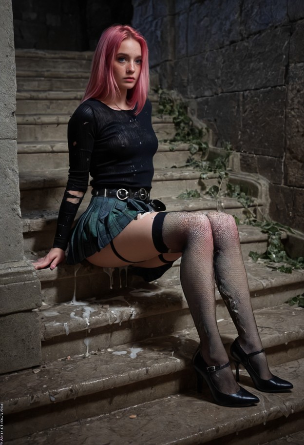 a
 breathtaking cinematic masterpiece of a woman sitting on a crumbling,ivy-covered marble staircase inside a decayin…