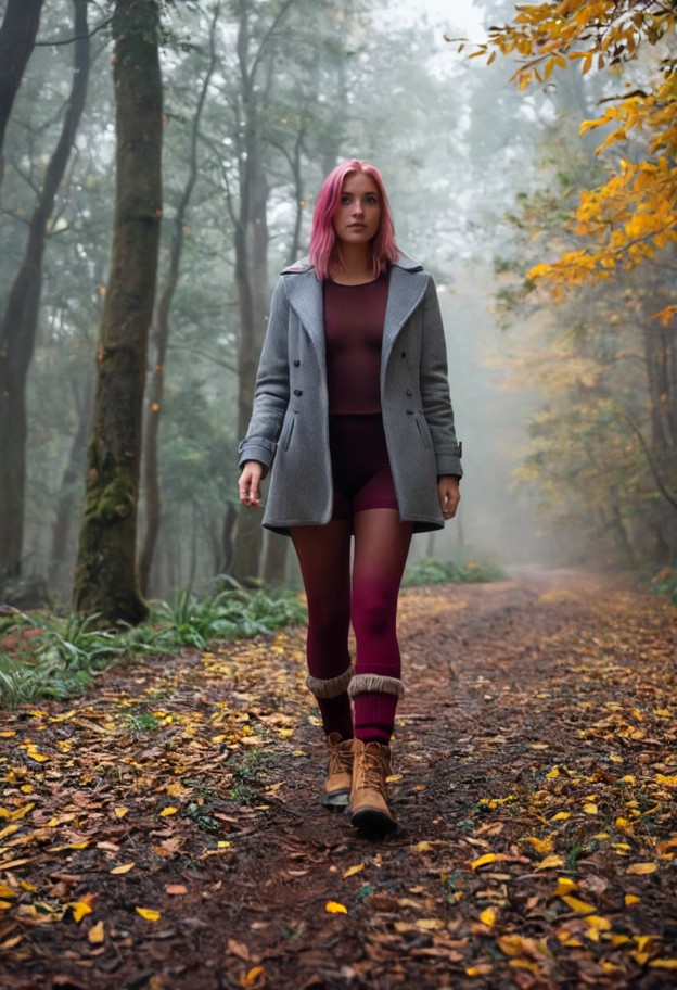 a woman walking along a misty forest path covered in golden autumn leaves. she is wearing a short wool coat and deep …