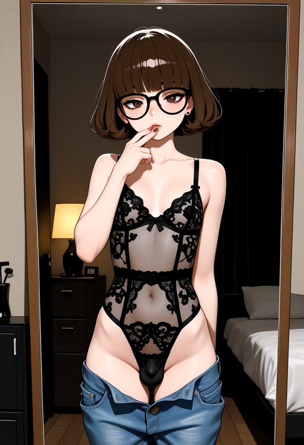 solo,transgender,standing,looking at mirror,applying red lipstick,wearing mascara,black lace lingerie,blue denim jean…