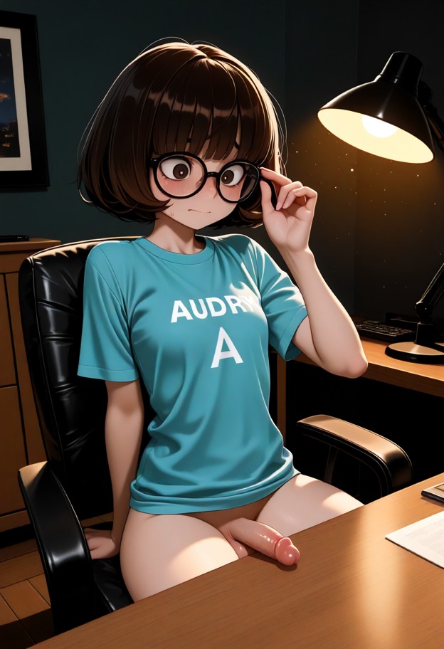 solo,transgender,sitting,nervous,wide eyes,red face,adjusting glasses,blue cotton uniform shirt,office,wooden desk,le…