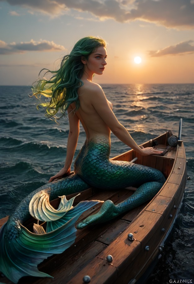 iris the mermaid sprawls on the wooden boat,iridescent scale-patterned top,open ocean,gentle blue waves,medium shot,b…