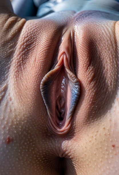 An extreme macro, close-up photograph capturing the vagina and surrounding labia of a woman, with hyper-realistic det…