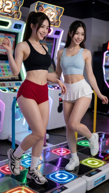 Create a photorealistic colorful arcade image of Lena and Vivi Lin, identical 19-year-old adult Taiwanese twin sister…
