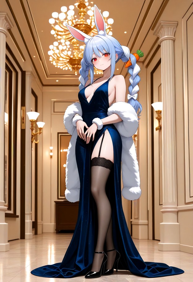 she is is standing in a luxury ballroom,evening dress,slit dress,stockings,stiletto heels,luxury ballroom,full body,c…