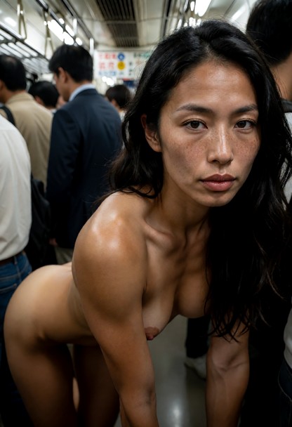 beautiful young woman with a soft feminine face and big breasts, fully naked on all fours in a crowded Tokyo train, l…