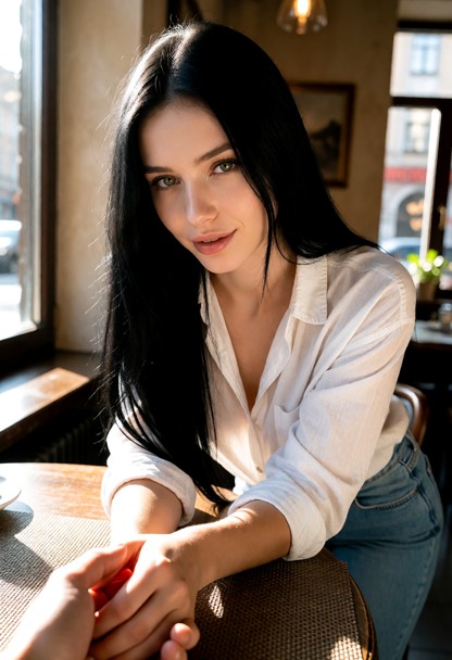 Location: bright afternoon in a sunlit corner of a quiet café, with warm light filtering through large windows and il…