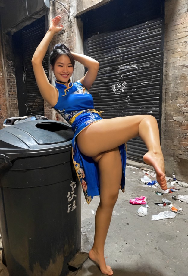 1girl standing in dark alley with one leg bent high in the air and hands behind her head while wearing blue qipao dre…