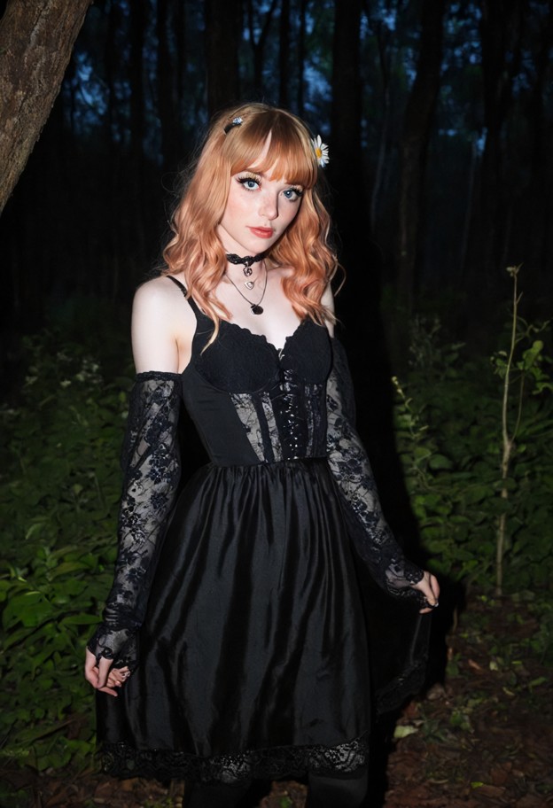 gothic fashion,black outfit,lace,choker,dark eyeliner,pale skin,silver rings,forest,woods,dense_trees,full-body view,…